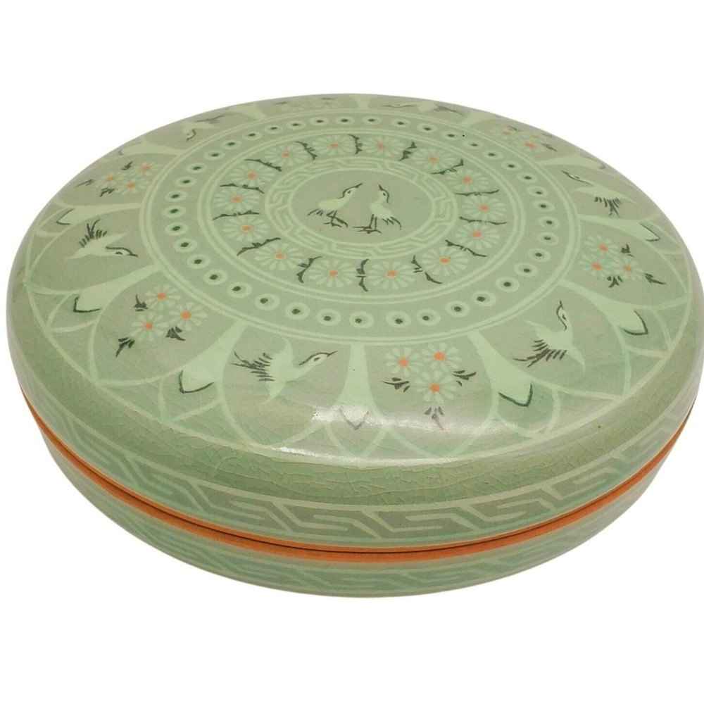 Korean Celadon Ceramic Box & Lid Green Flying Cranes Crackle Glaze Storage Vtg